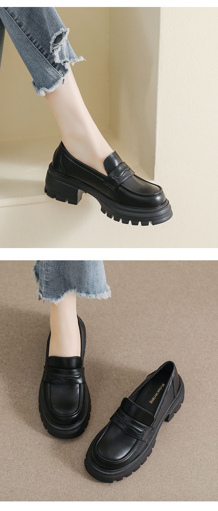 Schwarze kleine Lederschuhe Damen Plateau Einpedal Retro Loafer Arbeitsschuhe im britischen Stil_voghion.com