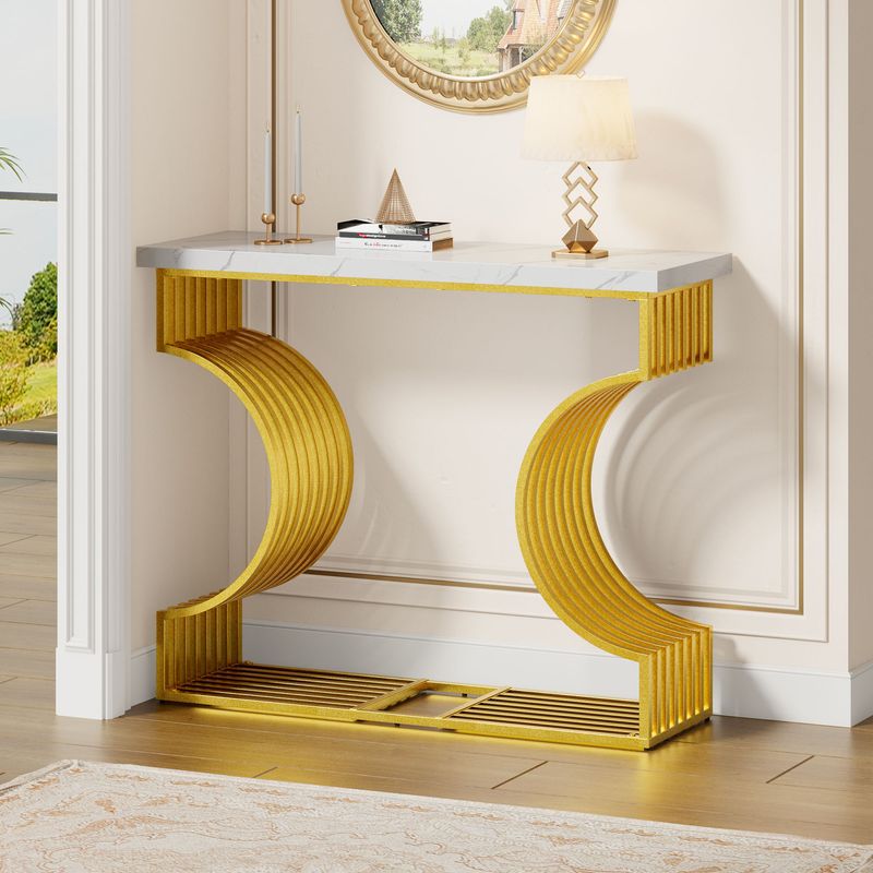 Table basse moderne minimaliste blanche brillante 100 x 35 x 80 cm, table d'appoint de salon avec pieds dorés, console, configuration double._voghion.com