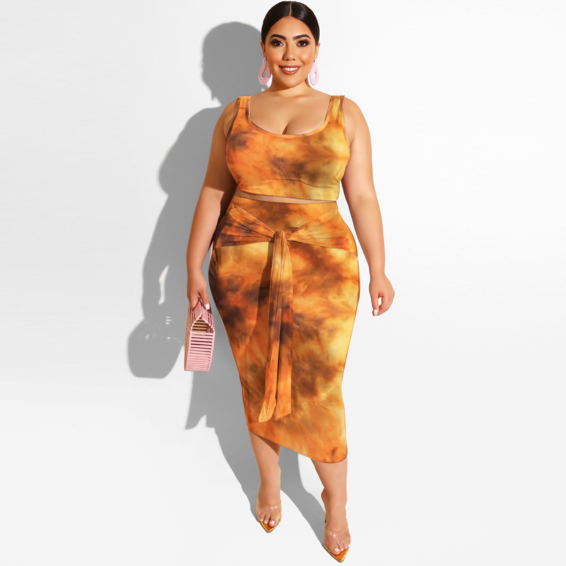 20778 Zomer nieuwe tie-dye print strakke wrap hippe mode casual set dames plus size tweedelige set_voghion.com