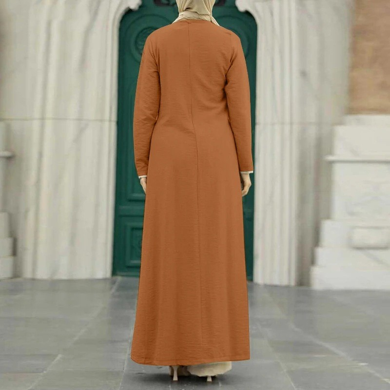 Damkläder Muslimska kvinnors issilke skrynklig långärmad hög slitsfåll klänning moderiktig enfärgad elegant intellektuell damrock_voghion.com