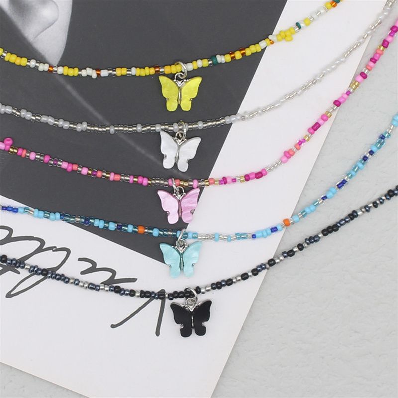 Moda Bonito Borboleta Pingente Colar Mulheres Boho Semente Beads Strand Gargantilha Coreano Declaração Charme Jóias Férias Praia Presente_voghion.com