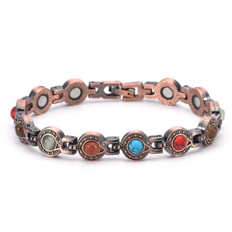 Pulseira de turquesa da moda em cobre puro com cristal de liga magnética estilo coreano para mulheres_voghion.com