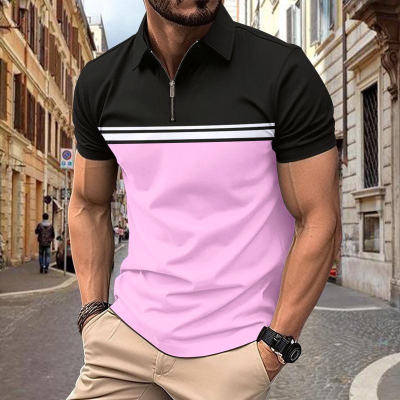 Polo estiva da uomo a maniche corte con cerniera alla moda a contrasto di colore_voghion.com