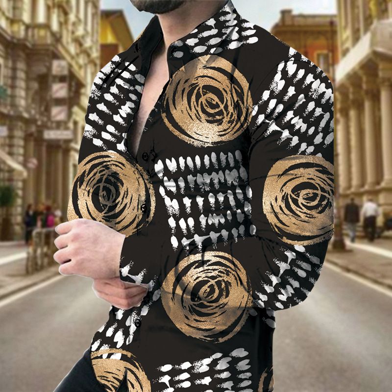 Camicie a maniche lunghe stampate con geometrie per il tempo libero, primavera e autunno 2024, di qualità imbattibile, da uomo_voghion.com