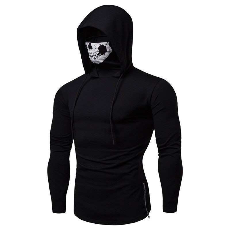 Maglietta da uomo con cappuccio, elasticizzata, fitness, Halloween, a maniche lunghe, con design a maschera di teschio_voghion.com