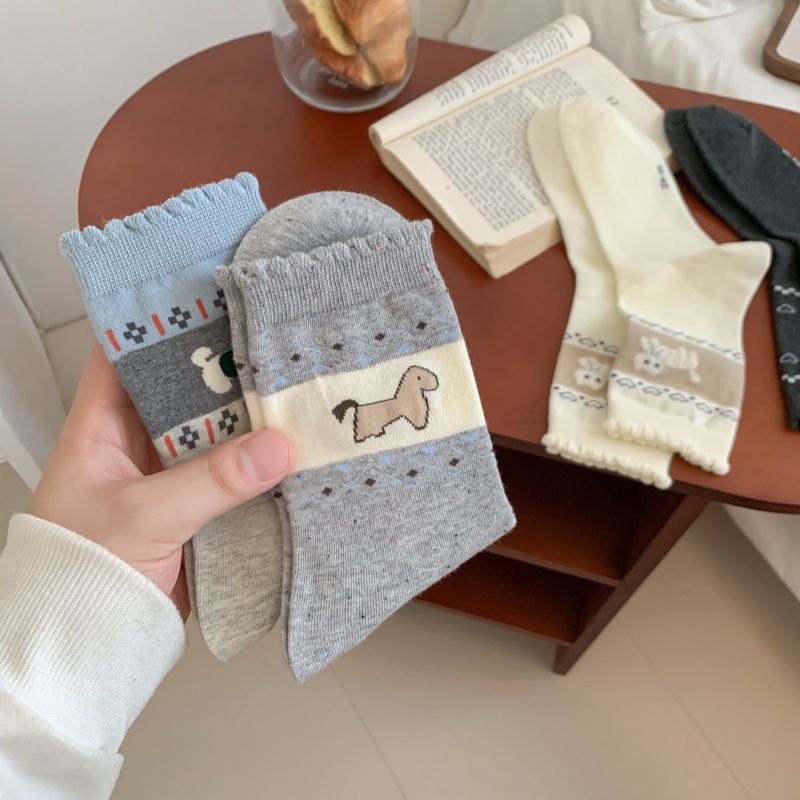 Women's 2025 Fall/Winter New Pure Cotton Gray-Blue Color-Blocked Knee-High Socks_voghion.com