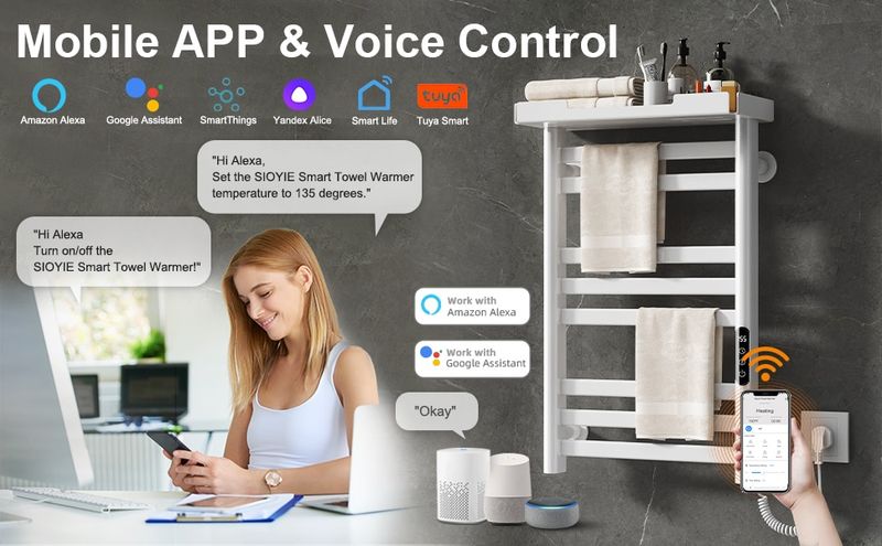 SIOYIE Heated Towel Rack With Shelf And Wi-Fi App Control, 8 Bars Electric Wall Mounted Towel Warmer With Timer & Adjustable Temperature, Low Carbon Steel, Plug-in/Hardwired, White_voghion.com