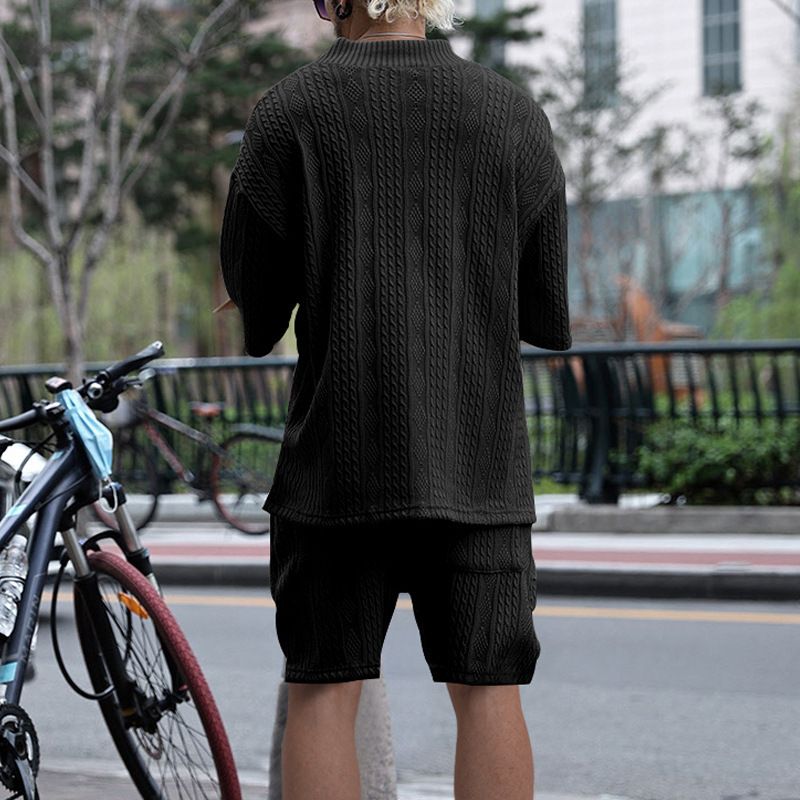 Lässiges Jacquard-Sommer-Set für Herren, lockeres Kurzarm-T-Shirt und Shorts mit V-Ausschnitt, zweiteiliges Sport-Set für Männer_voghion.com