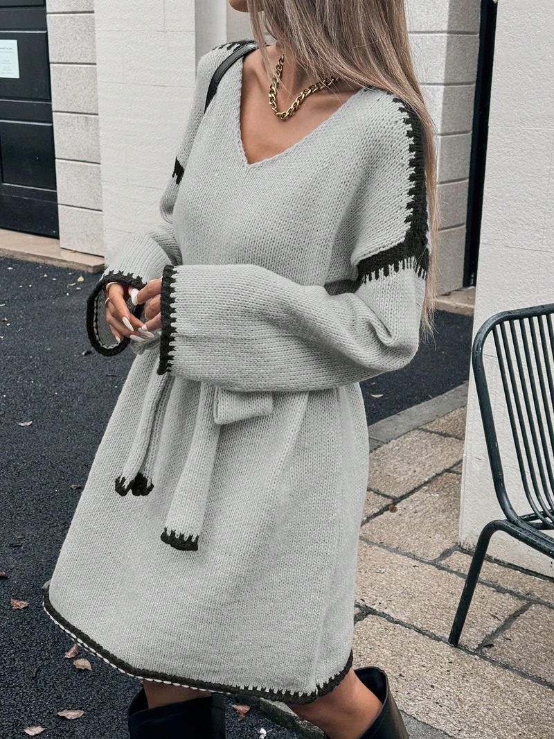 Robe en maille oversize à col en V et ceinture ajustable – Robe longue bohème à manches longues pour l'automne_voghion.com