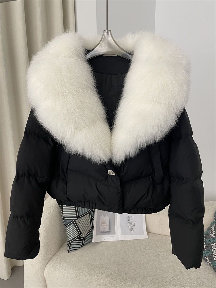 Kurze Pufferjacke für Damen mit echtem Fuchspelzkragen – warmer Wintermantel für zierliche Damen, modische übergroße Kapuze, leicht und stylisch_voghion.com