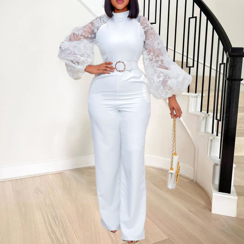 Women's Clothing Free Belt Stand Collar Mesh Lantern Sleeves Slim Large Size Women's African Wide Leg Jumpsuits_voghion.com