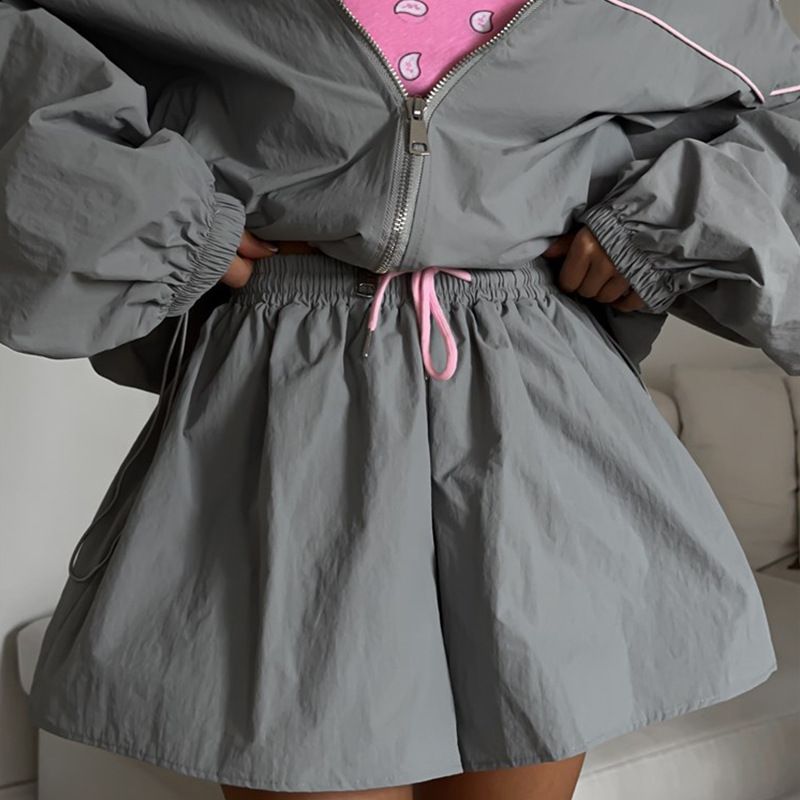 Femeii de vară casual costum lejer cu mânecă lungă cu fermoar Cardigan jachetă legată frânghie pantaloni scurți cu picior larg set_voghion.com