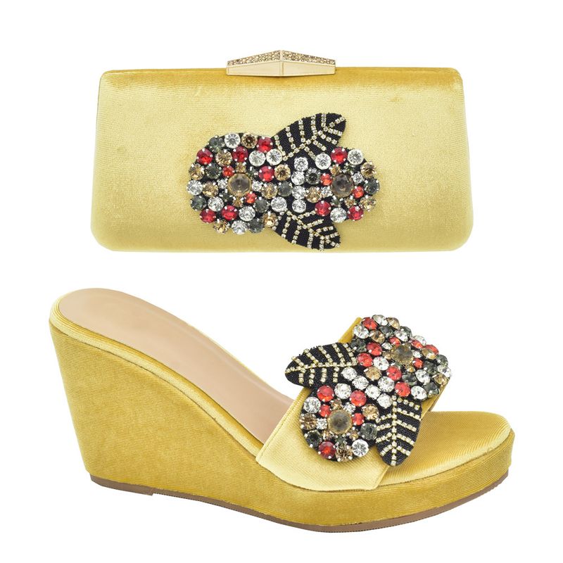Party with wedge and round head fish mouth easy to wear slip-in sandals with the same style clutch set_voghion.com