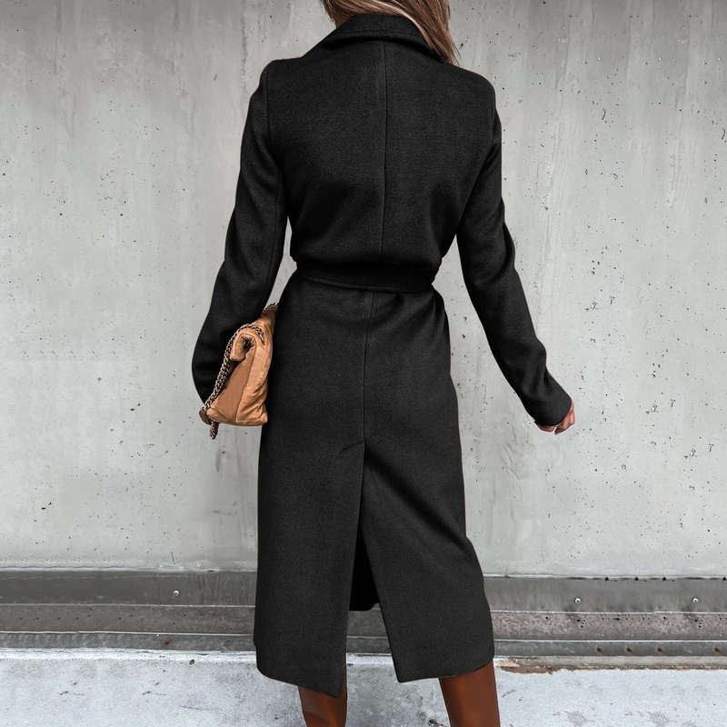 Autumn and winter women's solid color lapel long-sleeved woolen jacket simple strappy windbreaker_voghion.com