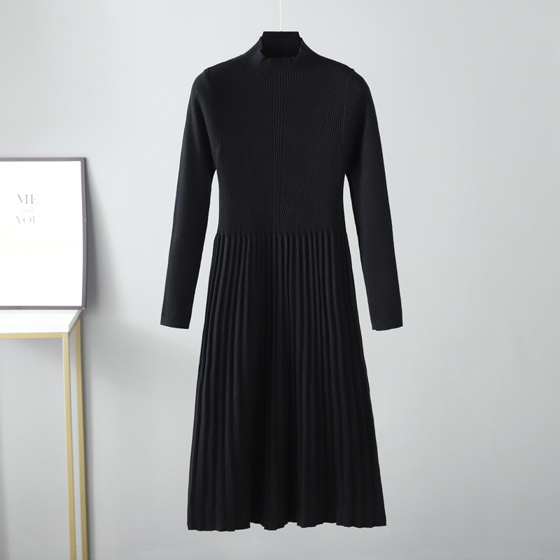 Einfarbiges, halbhohes, verdicktes, knielanges Midi-Taillenkleid für Damen_voghion.com