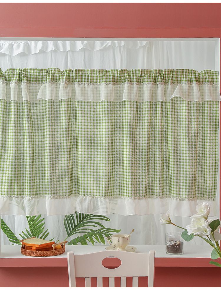 Karierte Türvorhänge – Halbtransparente Vorhänge aus Polyester mit Stangentasche für Küche, Café, Wohnzimmer – Orange/Grün/Rautenmuster_voghion.com