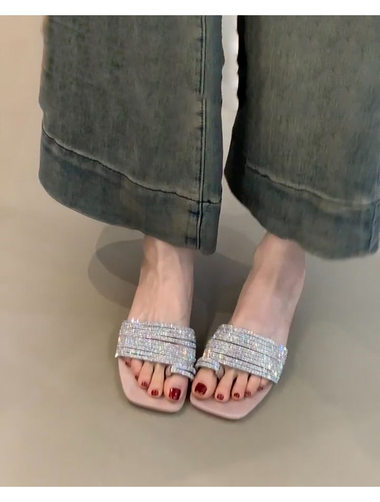 Lan Cabinet Edition ~ French Rhinestone Open-Toe Sandals For Women, Elegant And Gentle, Open Toe Square Head Slippers,_voghion.com