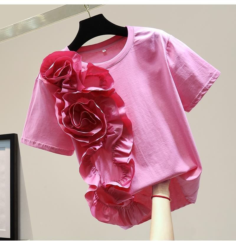 Abbigliamento femminile Spot T-shirt resistente con fiori tridimensionali_voghion.com