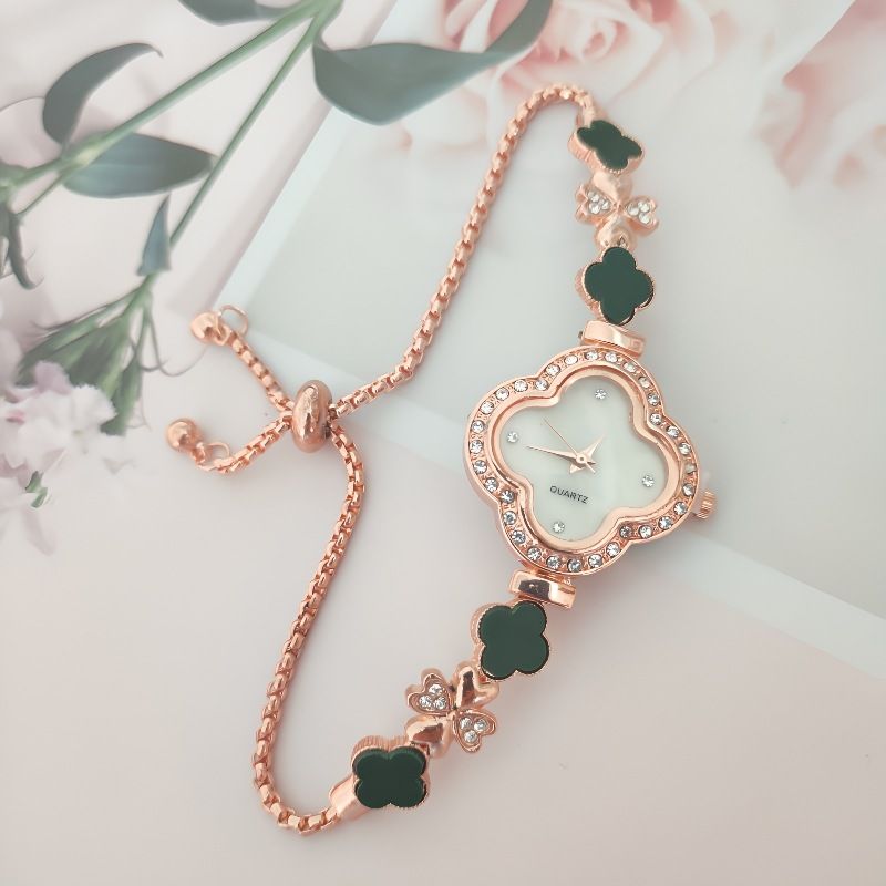 New Style Chalcedony Inlaid Diamond Crown Four-Leaf Clover Mermaid Rolling Bead Flowing Sand Pull-out Women's Bracelet_voghion.com