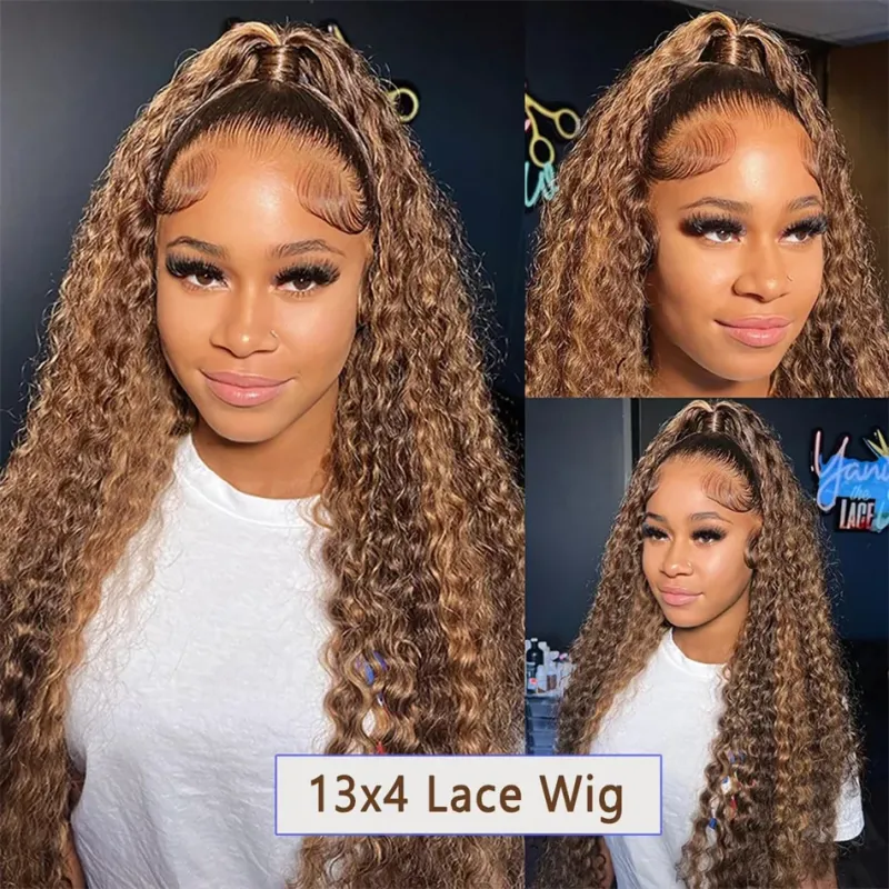 4/27 Highlight Water Wave Human Hair Wig 13x4 Lace Frontal Human Hair Wig For Women Curly Wig Transparent Lace Front Wig 180%_voghion.com