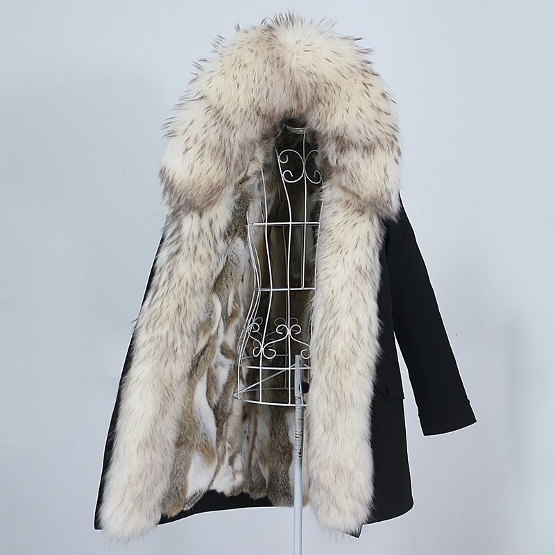 Damenbekleidung Abnehmbarer Innenmantel mit Fuchspelzkragen Mittellang Modischer warmer Kapuzenmantel_voghion.com