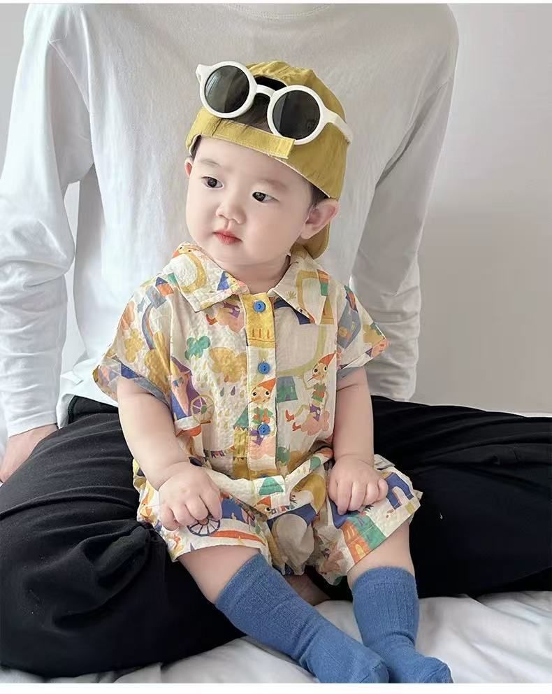 New Summer Baby Short Sleeved Jumpsuit For Boys, Holiday Style, Casual Romper, 100 Day Old Hong Kong Trendy Climbing Clothes_voghion.com