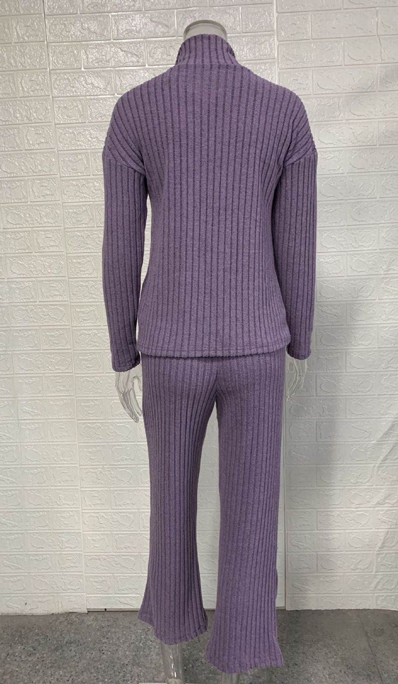 Ensemble deux pièces en tricot côtelé à col montant et fermeture éclair pour femme - Tenue d'automne douce avec manches longues et pantalon (disponible en 8 tailles, du S au XXXXXL)_voghion.com