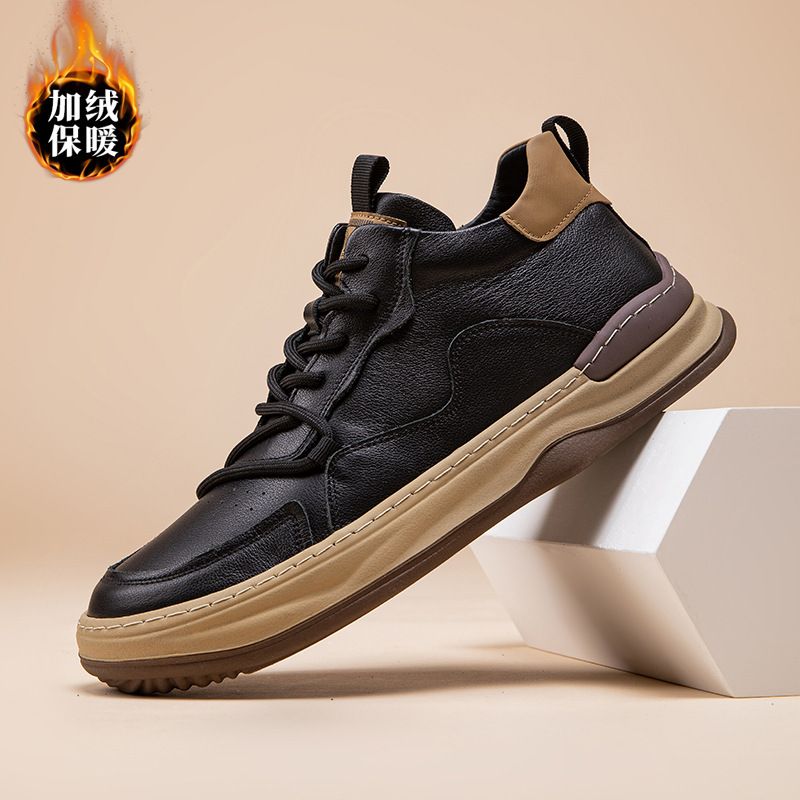 Oberschicht-Sneaker aus Rindsleder mit hoher Oberseite, warm, für den Winter, Baumwolle, mit Fleece gefüttert, dickbesohlte Sport- und Freizeitschuhe für Herren_voghion.com
