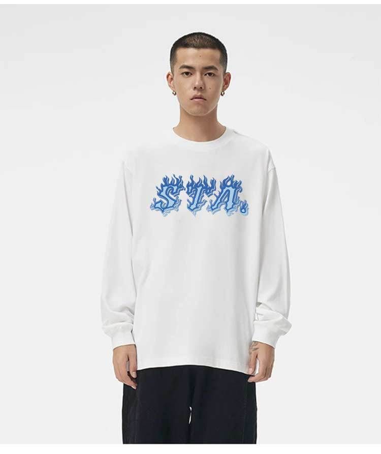 T-shirt a maniche lunghe del marchio di moda nazionale con design a fiamma STA da uomo per uomo e donna, coppia top in puro cotone pesante con scollo tondo_voghion.com
