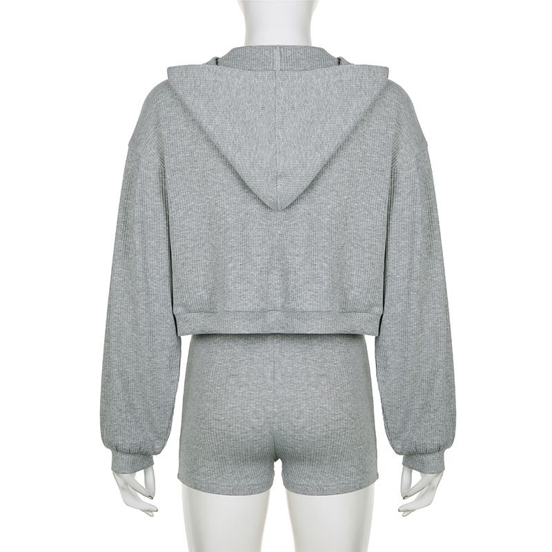 Women's Clothing Solid color knitted zipper hooded cardigan sweatshirt V neck triangle cup bra high waisted tight shorts casual three piece set_voghion.com