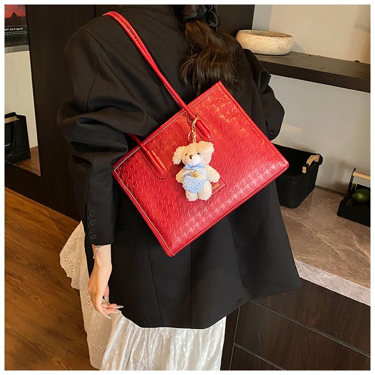 Elegante borsa tote pied de poule – Borsa a tracolla di media capacità per donna (pelle PU, doppi spallacci, chiusura con cerniera, finiture a contrasto, ciondolo staccabile)_voghion.com