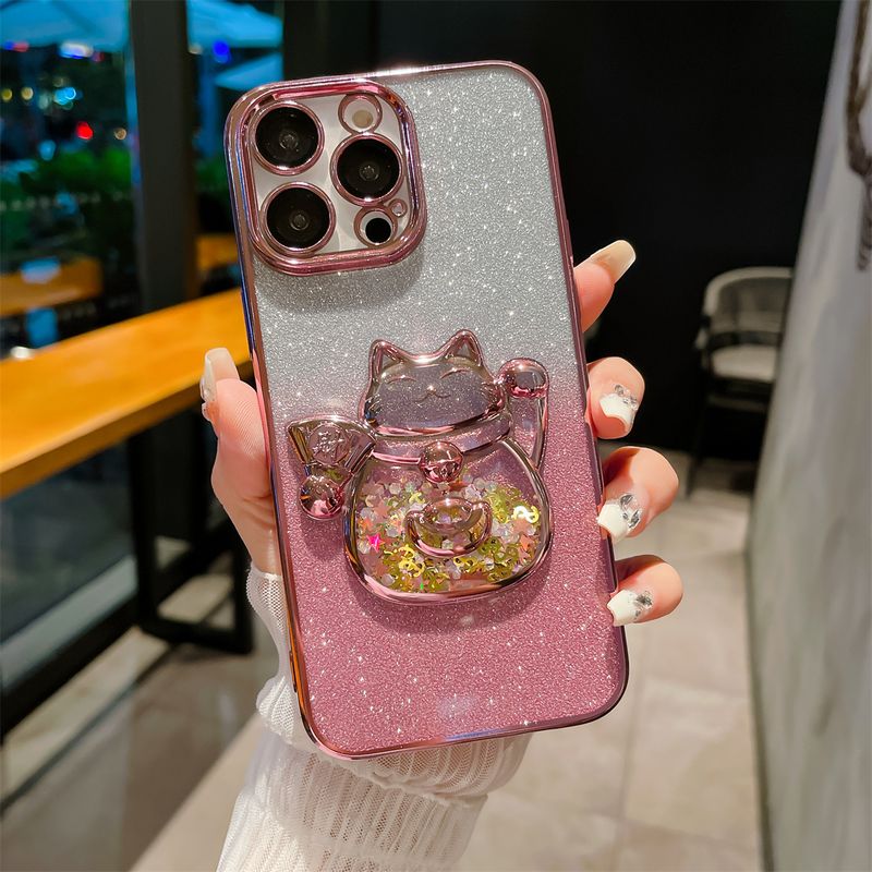 Custodia per telefono Flowing Sand Electroplated Wealth Cat adatta per iPhone 11, 12, 13, 14, 15 Pro Max con pellicola per obiettivo integrata_voghion.com