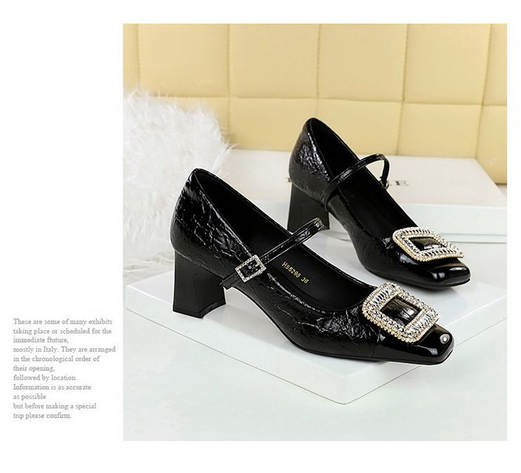 5298-K32 Scarpe da banchetto da donna con tacco medio grosso, punta quadrata, cinturino con fibbia in metallo con diamanti e bocca leggera, con blocchi di colore_voghion.com