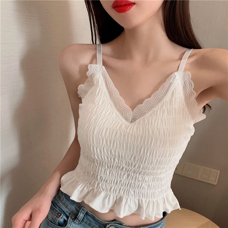 Canotta in pizzo plissettato francese primaverile ed estivo con cuscino da donna, indossata come base, bella schiena e petto avvolti_voghion.com