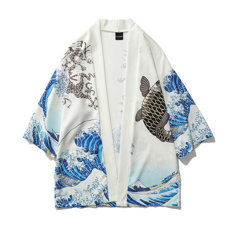 Ukiyo-e taoistiske kåber til mænd og kvinder, havbølger, karpeprint, kimono, løse fem quaer-ærmer, hawaiiansk stil_voghion.com