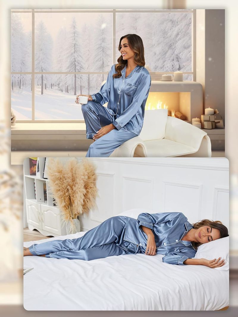 Grenzüberschreitende unabhängige Station Neue Ice Silk Pyjamas Damen Zweiteiler Langarm Seide Plus Size Damen Homewear_voghion.com