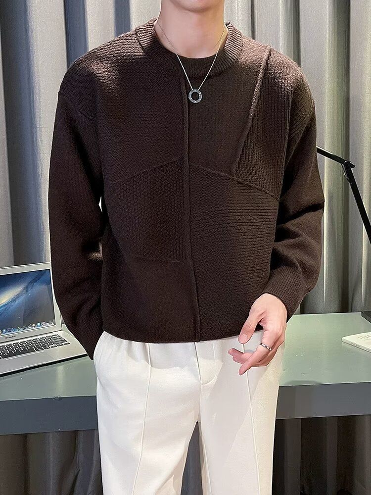 Men’s Premium Knit Sweater – Winter Round Neck Long Sleeve Cardigan, Solid & Spliced Design (Black/White/Burgundy/Brown, M-3XL)_voghion.com