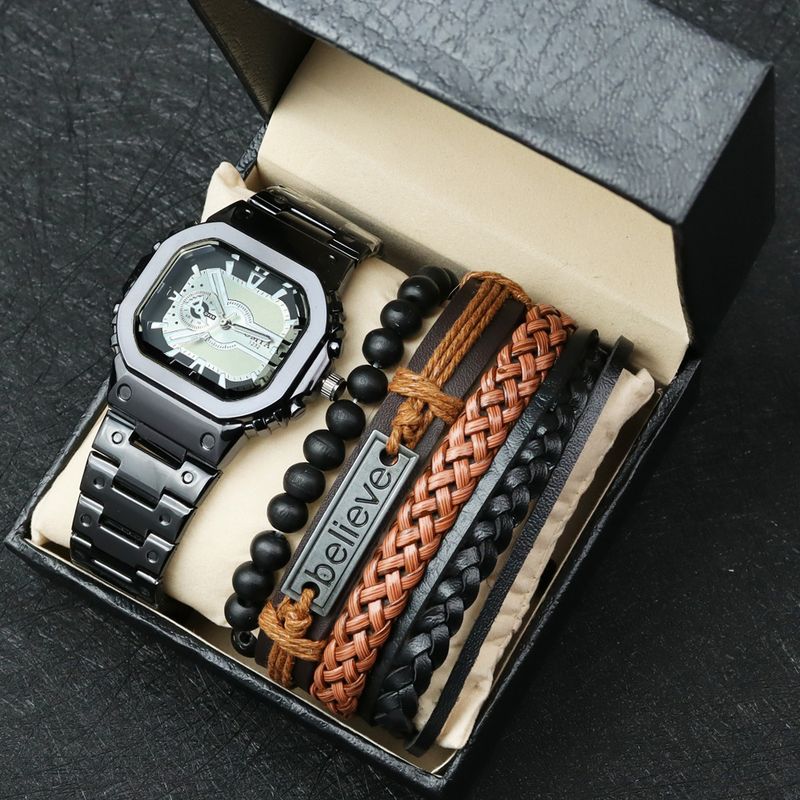 Waterproof Square Dial Men's Watch Set Braided Beaded Bracelet Box Quartz Watch Gift_voghion.com