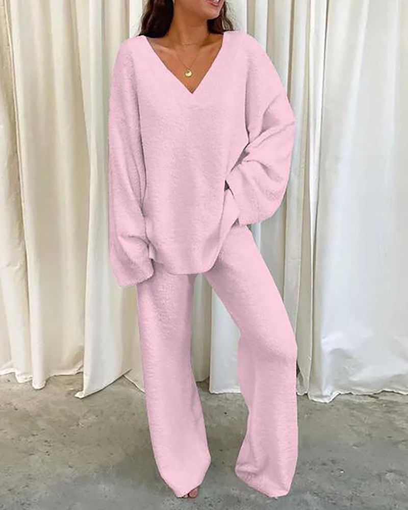 Fluffy V-neck Solid Color Casual Two-piece Suit_voghion.com