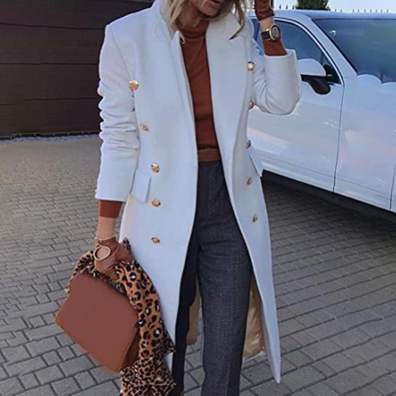 Ühevärviline villane mantel Slim Fit, kaherealine sügistalvine lahtikäiv krae naiste mantel igapäevaseks eluks_voghion.com