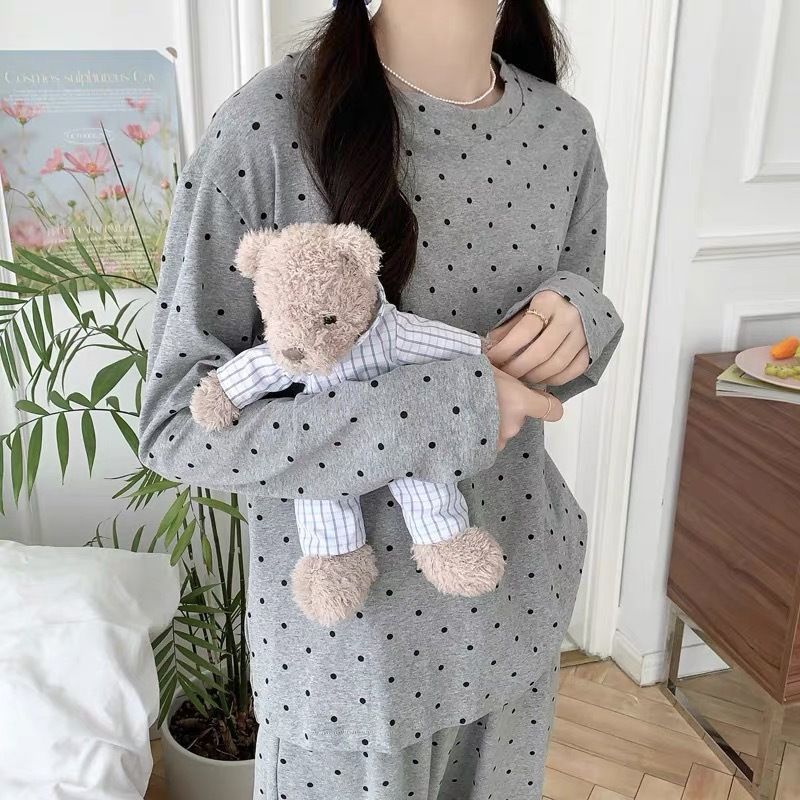 High quality cotton spring autumn ins style pajamas for women, loose and casual round neck polka dot set, long_voghion.com