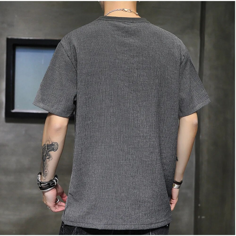 T-shirt corta da uomo estate 2024 in cotone e lino, set di abbigliamento in seta ghiacciata abbinato a un bel top a mezza manica di tendenza_voghion.com