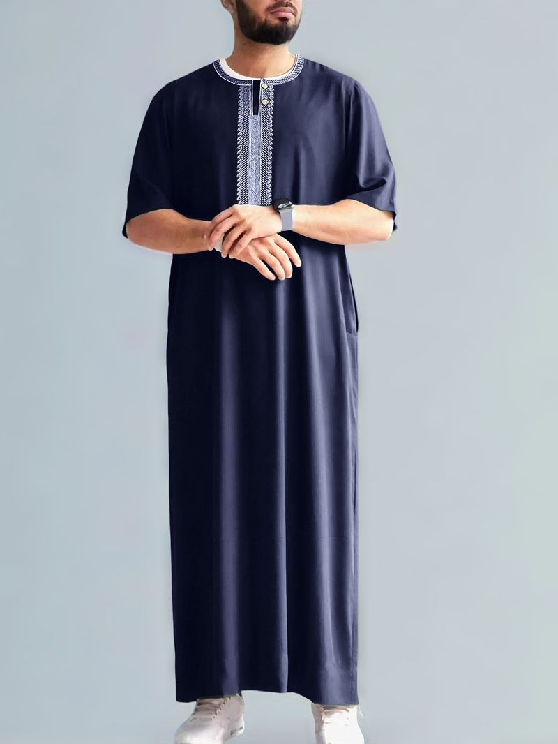 Ropa para hombre, nueva túnica musulmana retro de Oriente Medio con bordado de manga media, estilo étnico, marroquí, con bolsillos laterales_voghion.com
