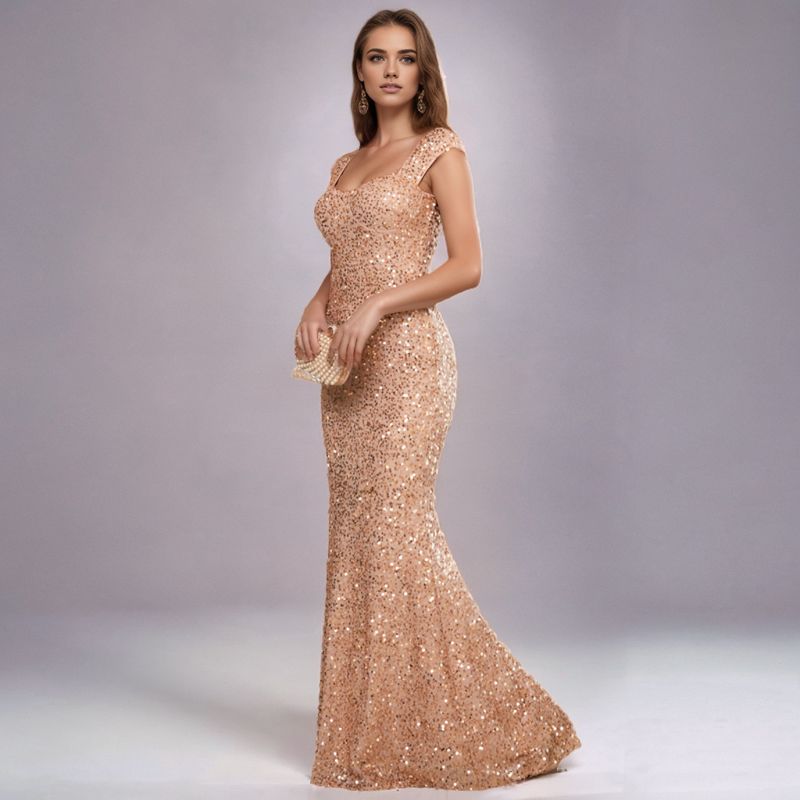 Comércio exterior oriental transfronteiriço INS cor sólida decote em V lantejoulas suspensório cintura alta vestido de noite saia rabo de peixe vestido de saia longa_voghion.com
