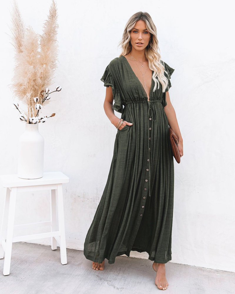 nuovo stile copricostume da spiaggia in tessuto di bambù con bottoni, corda in vita, gonna lunga, camicia di protezione solare_voghion.com