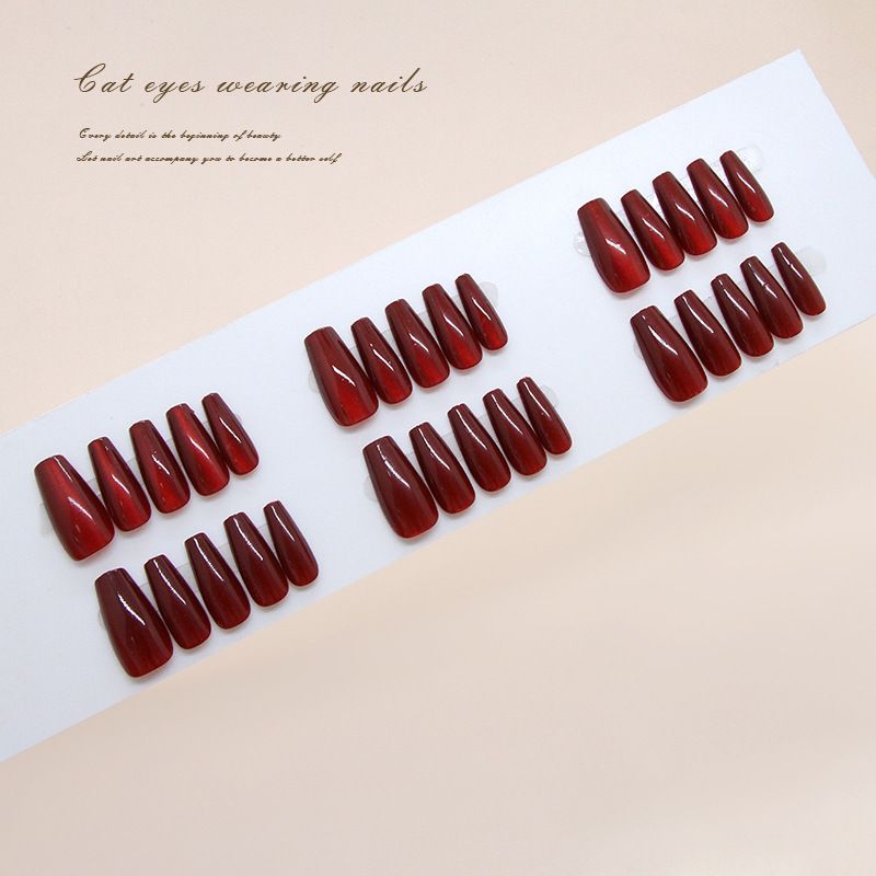 Faux ongles faits à la main, préfabriqués, œil de chat rouge, tempérament rétro, blanchissant, atmosphère, style Ins, nail art détachable, 30 pièces_voghion.com