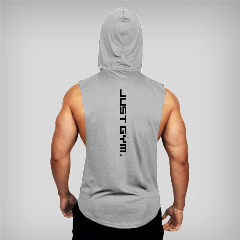 Muscle men's fitness cotton printed camisole hooded sports vest loose hurdle training sleeveless top_voghion.com