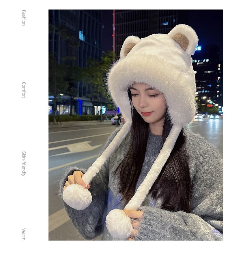 Wintermütze mit dicker und süßer Bärenmütze für Damen, warmes Radfahren, winddicht, Ohrenschutz, Plüsch-Zehenkappe_voghion.com