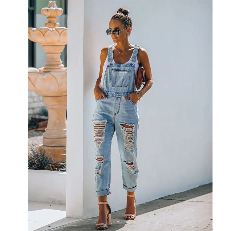 Women's Cross-border women's denim jumpsuits, light-colored temperament, commuter cotton denim, plain mid-waist, blue jeans, women_voghion.com