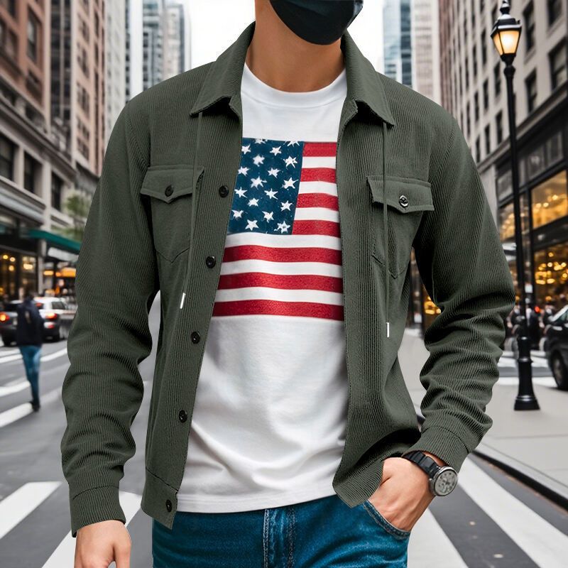 Autumn American Heavy Corduroy New Simple Versatile Multi Pocket Long Sleeved Stand Up Collar Jacket Men's Clothing_voghion.com